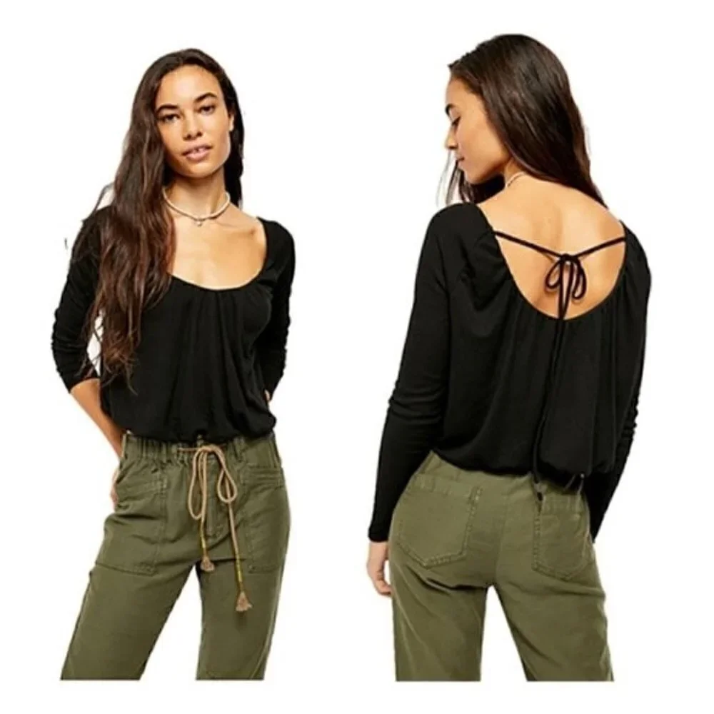 FREE PEOPLE Bondi Thermal Long Sleeve Back Tie Top, Size XS - NWT